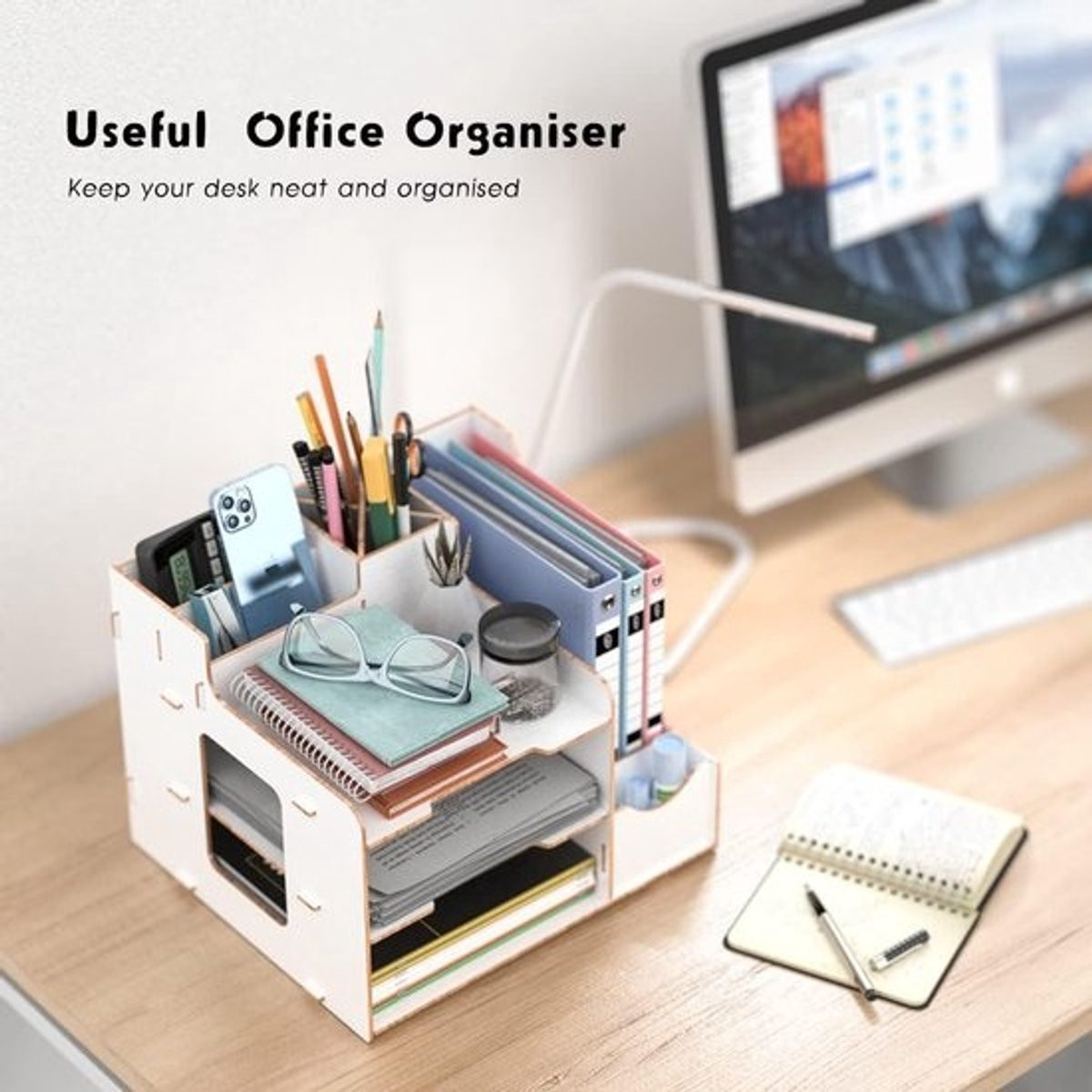 Houten bureau-organizer tijdschriftenhouder met vakken