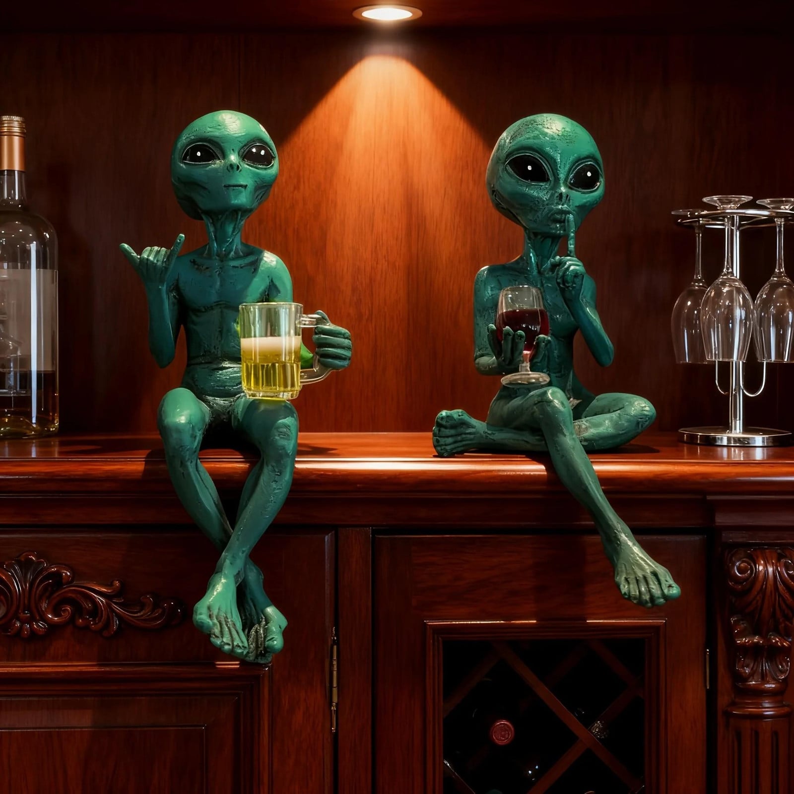 Merkloze set van 2 groene alien harsfiguren voor sci-fi decoratie