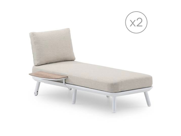 Pack 2 chaises longues et table effet bois blanc et corde beige