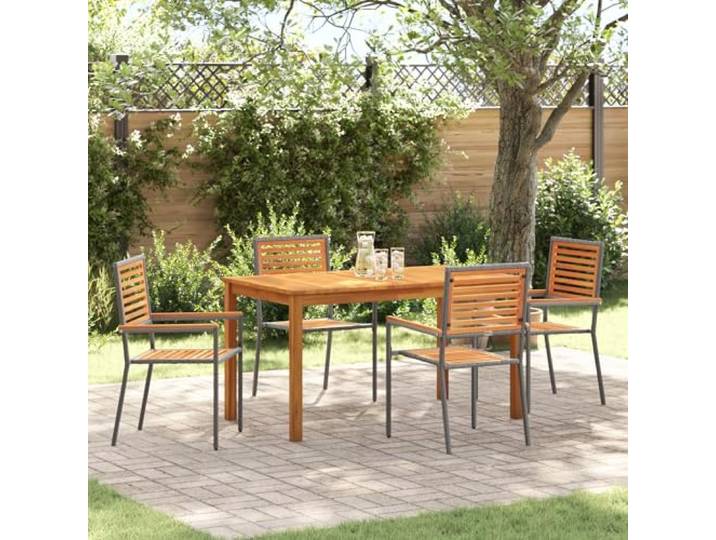 HEFZGDB Modernes Gartentisch-Set mit 4 stapelbaren Stühlen aus Metall und Holz, Wetterfeste Outdoor-Essecke für Terrasse und Balkon, Graues Essgruppen-Set mit rechteckigem Tisch