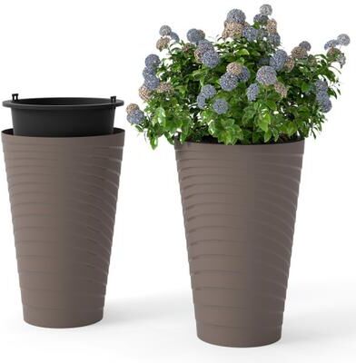 Costway 45 cm Tall Flower Pot Set of 2 with Insert Bucket and Handle Design-Brown