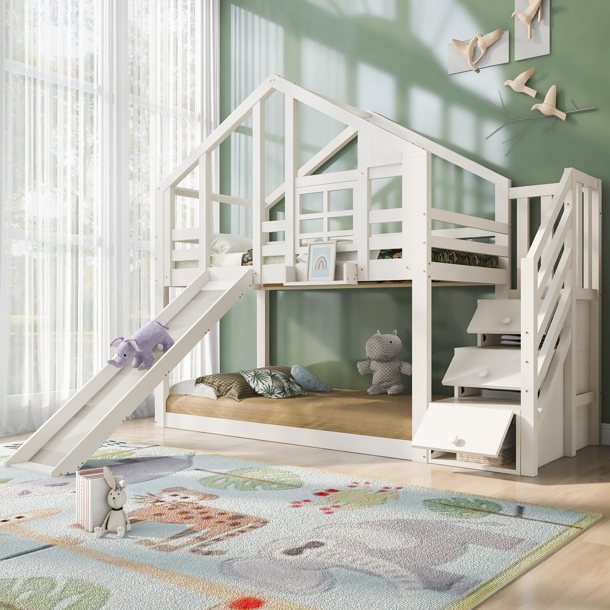 STILVORA Etagenbett 90x200 mit Rutsche&Baumhaus-design,Kinderbett mit Fenster,Stauraumtreppe&Rausfallschutz,Holzbett mit Lattenrost,Weiß(mit Matratze)