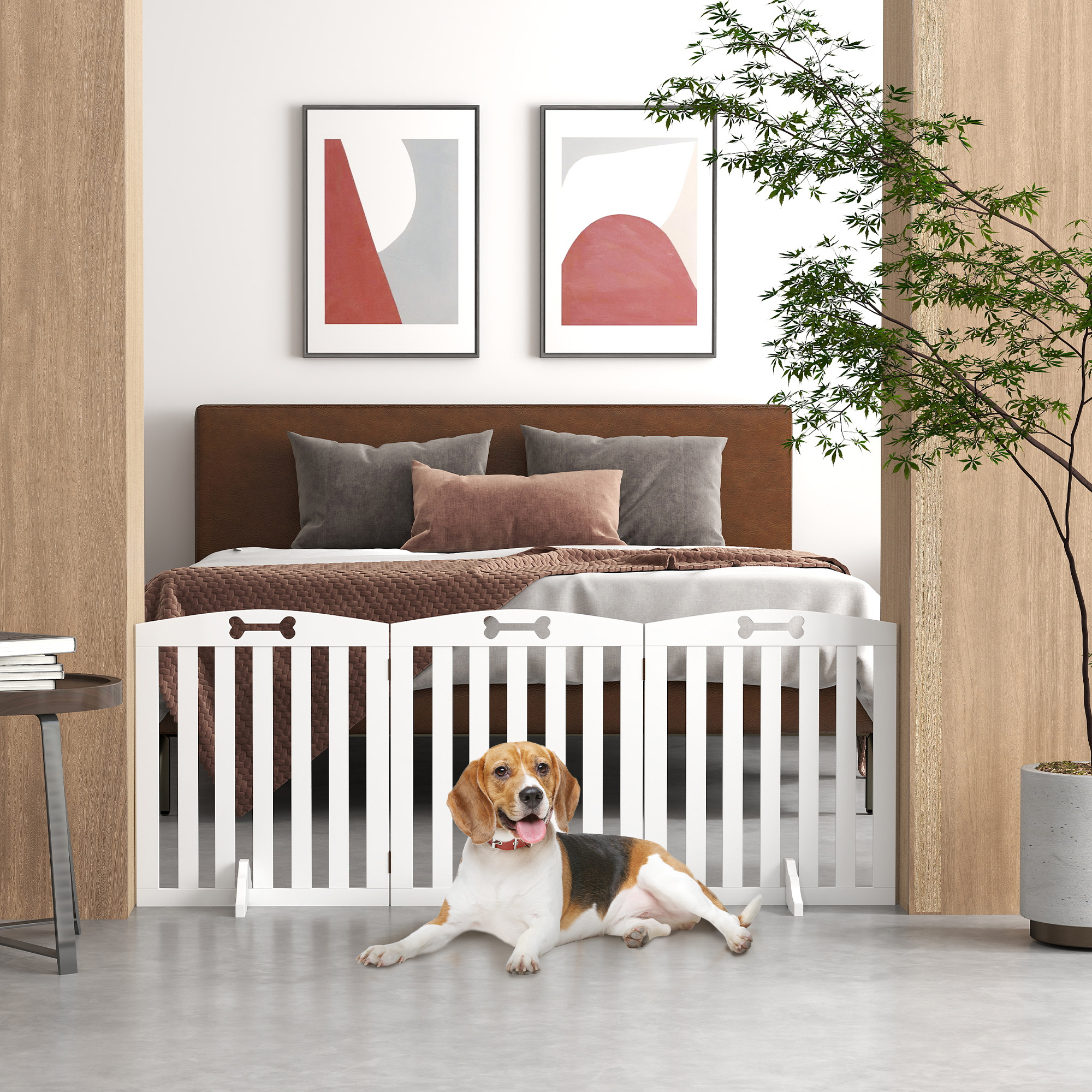 Pawhut Cancellino per Cani Pieghevole a 3 Pannelli con 2 Supporti, in Legno Bianco, 155x30x61 cm   Aosom Italy