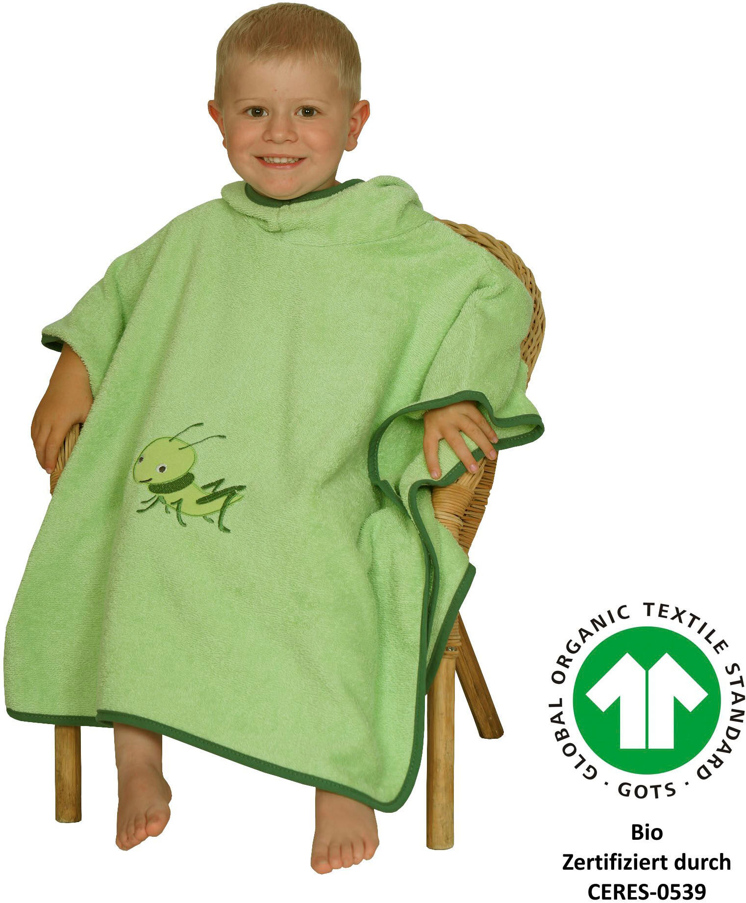 Badeponcho WÖRNER "Grashüpfer hellgrün", grün (hellgrün), L:60cm, Frottier, Hausmäntel, Badeponcho, maschinenwaschbar, trocknergeeignet