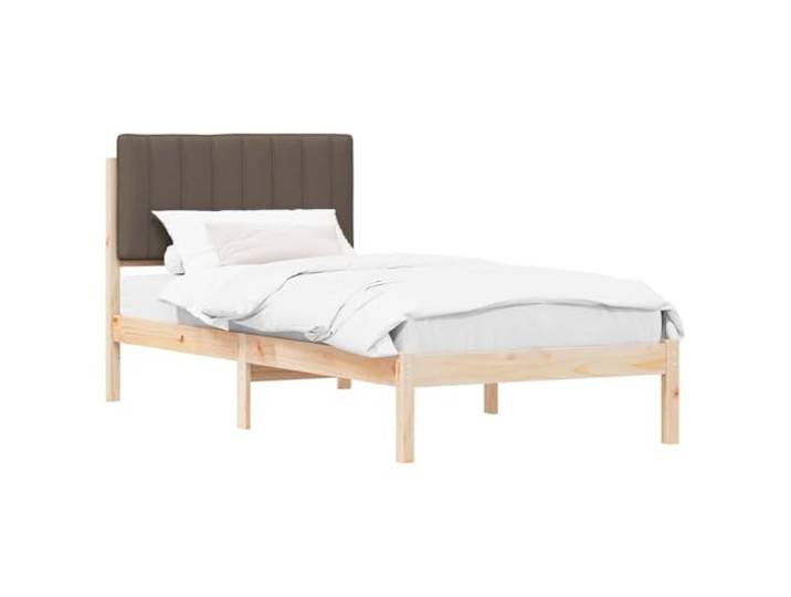PUGYNBK Bettgestell mit gepolstertem Kopfteil in Natur und Taupe Massives Kiefernholz, waschbarer Bezug, belüftete Lamellen, einfache Montage