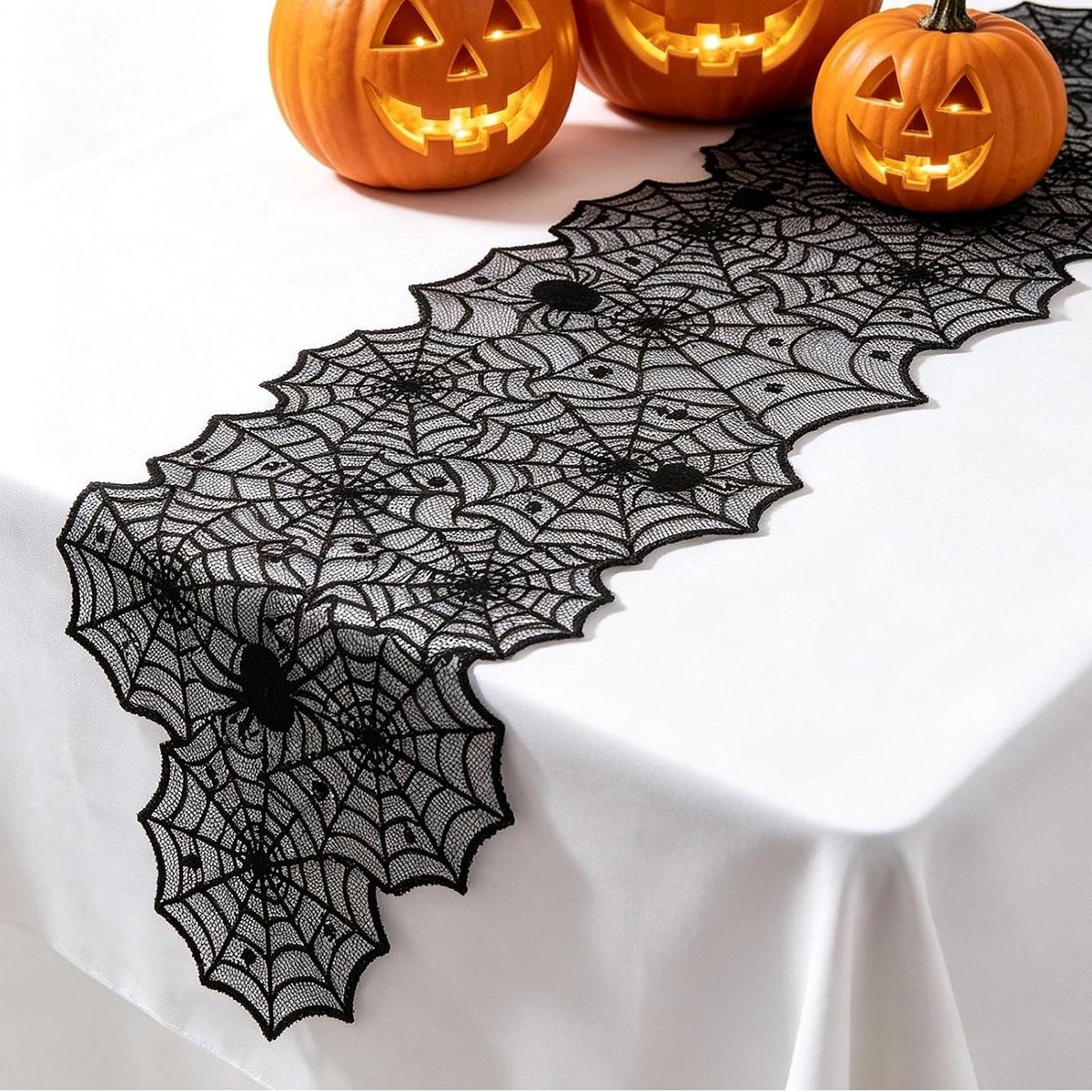 Zwarte spinnenweb tafelloper voor Halloween decoratie