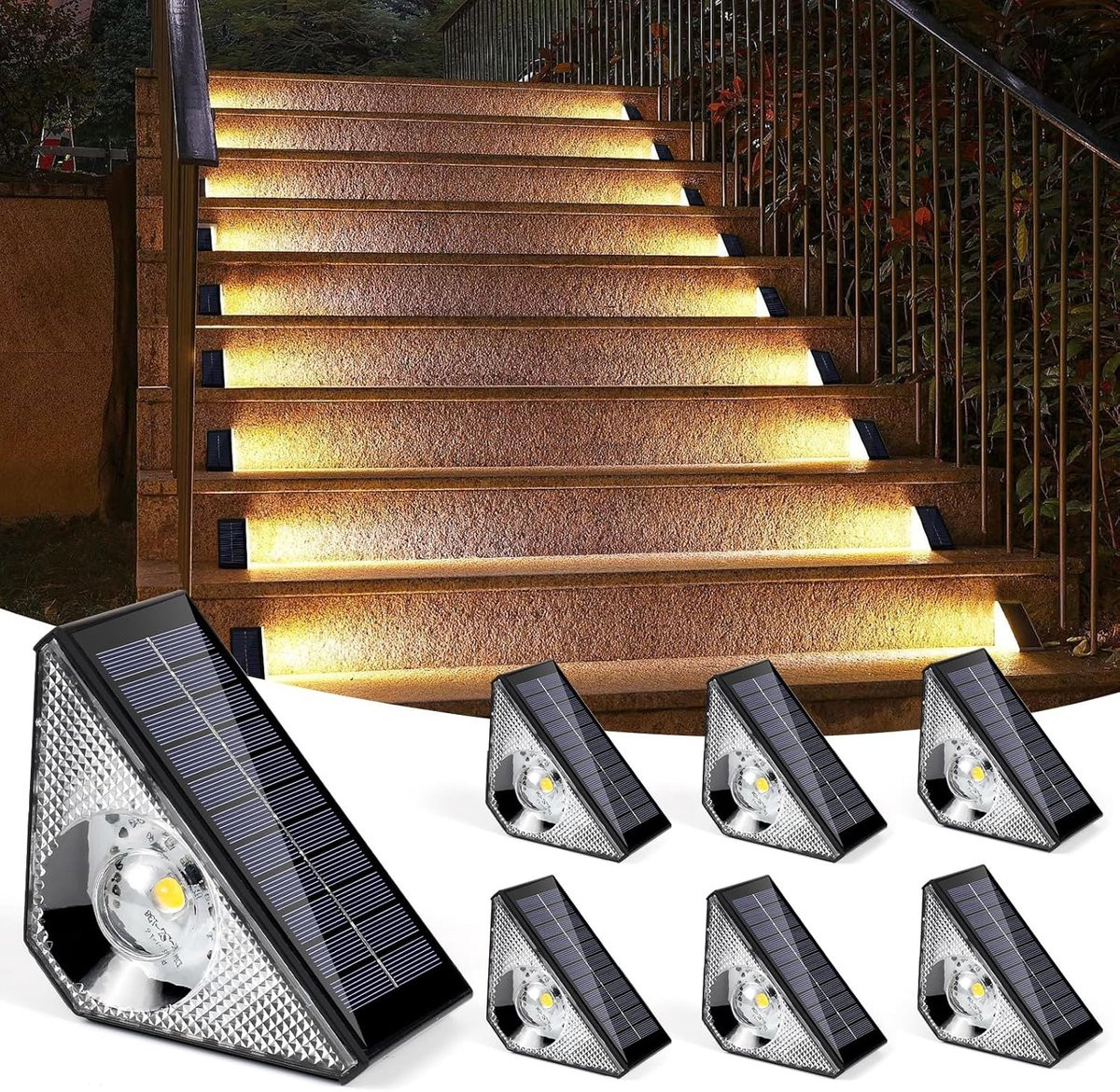 Set van 6 LED-trapverlichting op zonne-energie met bewegingssensor, IP65 waterdicht, warm wit licht (3000K), zwart