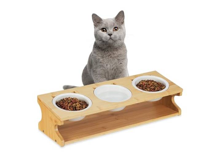 Relaxdays Support pour Chat\, 3 gamelles\, 400 ML chacune\, Bambou & céramique\, compatibles Lave-Vaisselle\, Nature - Blanc