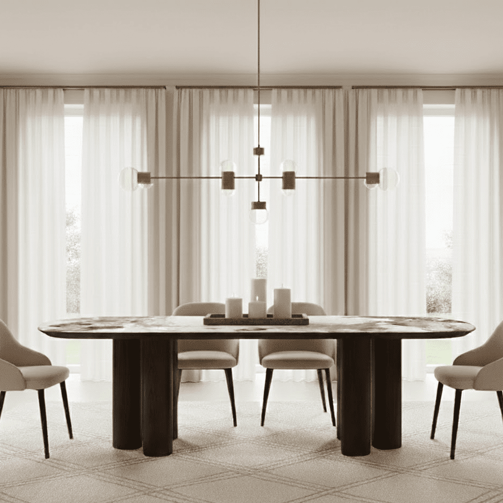 Estrille Brown Oak Veneer Oval Dining Table with Faux Marble Top