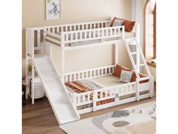 VUENOR Lit superposé enfant 90x200 et 140x200 cm blanc avec toboggan et rangements sans matelas