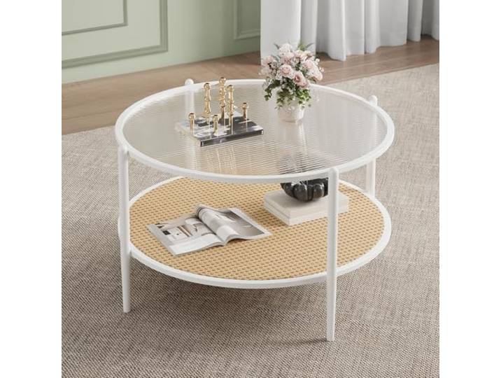GarveeMore Runder 2-stufiger Couchtisch im Boho-Stil mit Wellenglas Rattan-Ablage & Metallgestell – Moderner Wohnzimmertisch für kleine Räume, Weiß/Gelb