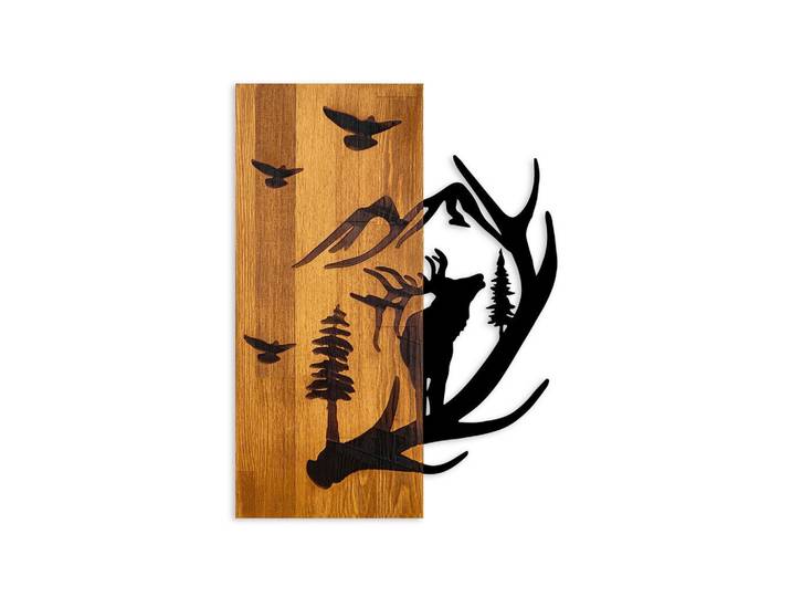 X-Mas Wanddeko Deer and Mountain, Walnussfarben, Holz, 43x58x3 cm, Dekoration, Weihnachtsdekoration