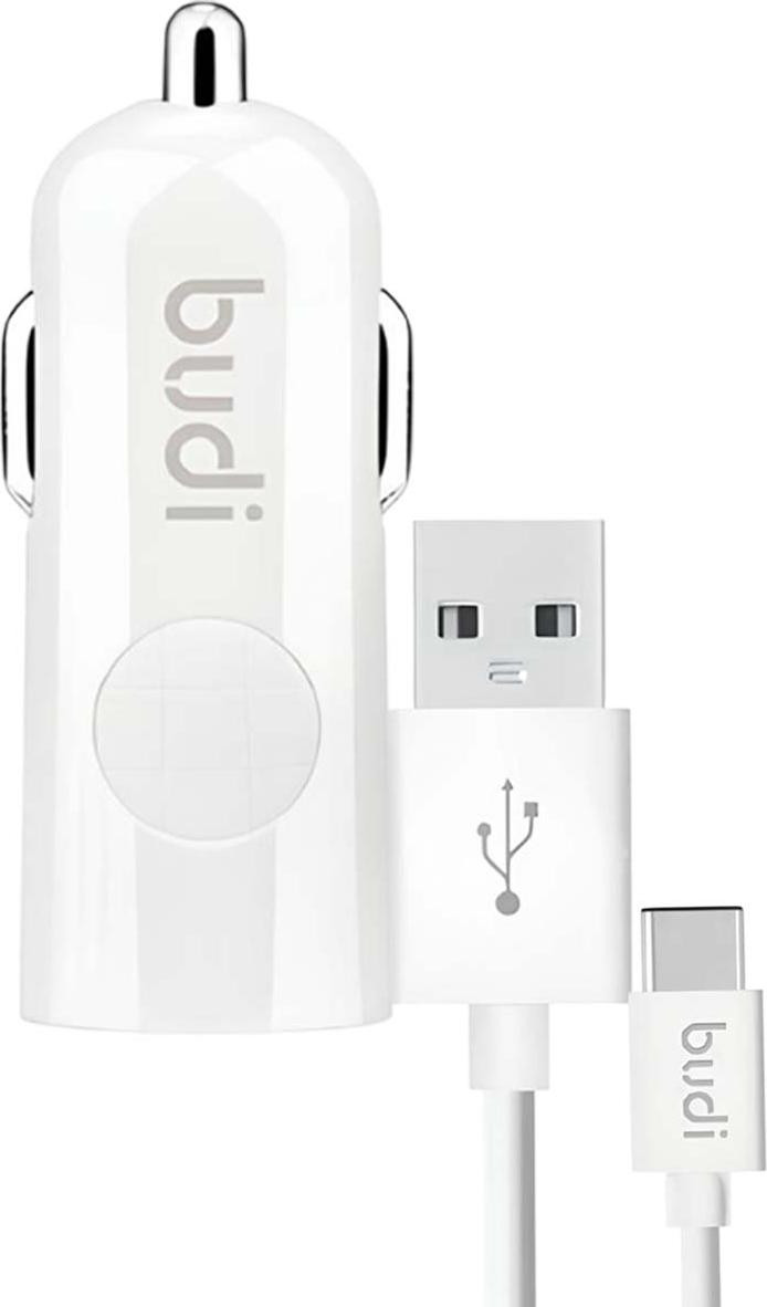 Budi USB-autolader 12W met LED-indicator en USB-C-kabel, wit