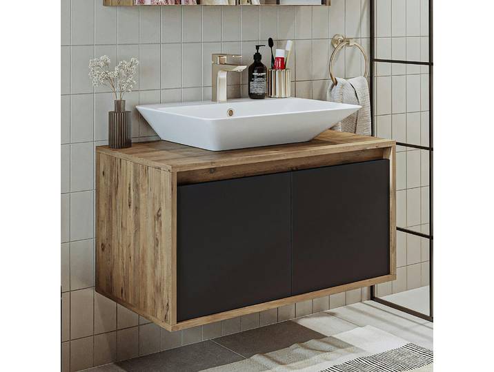 Meuble suspendu 2 portes + vasque VIVE - Pin et gris