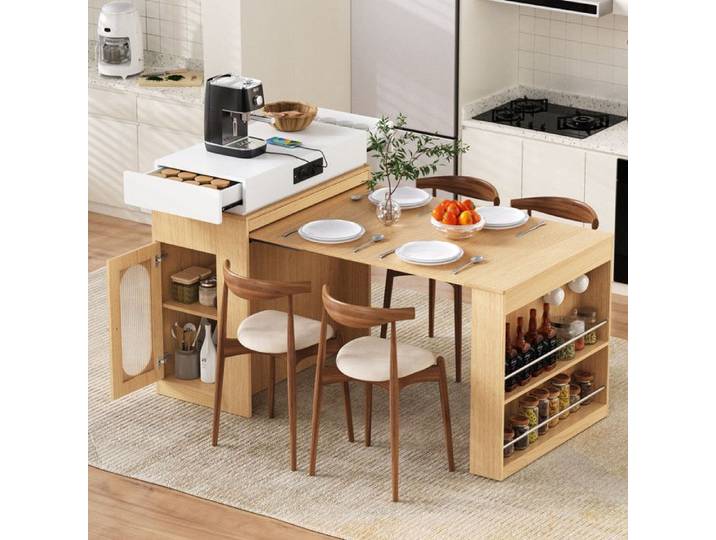Luscriate - Îlot de cuisine avec table extensible et prise design pliable sur roulettes bois pour cuisine - naturel