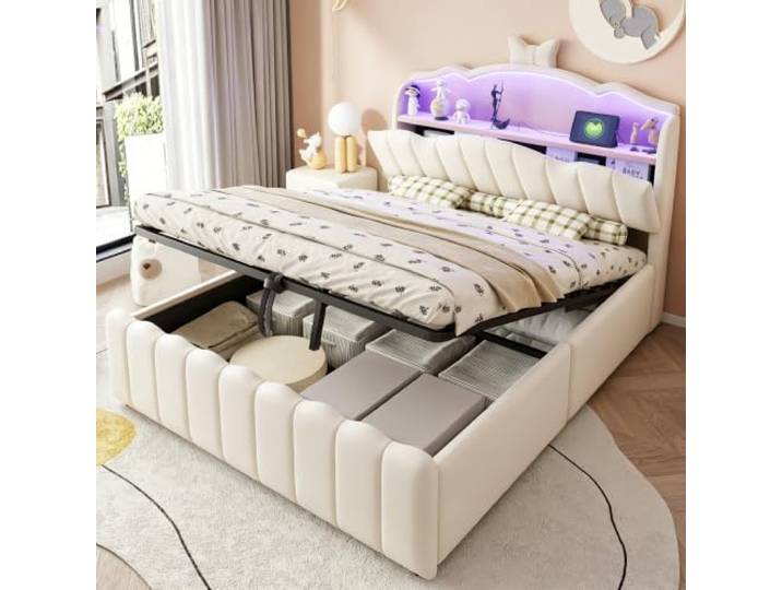 Merax Gepolstertes Kinderbett 140x200 cm mit Hydraulik, LED, USB & Stauraum – Beige (Ohne Matratze)