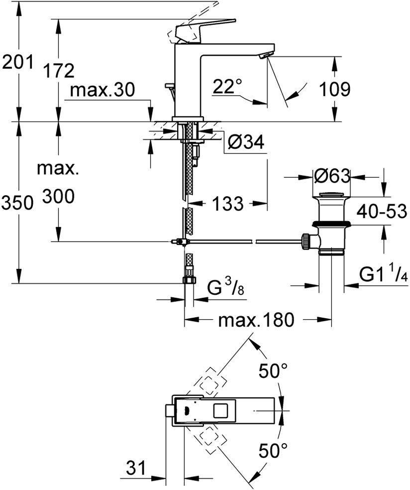 Grohe Eurocube Einhand-Waschtischbatterie M-Size, mittelhoch mit Ablaufgarnitur