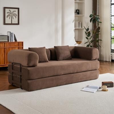 Loedds 77.95-Inch Corduroy 4-in-1 Folding Floor Sofa Bed with Cylindrical Pillow