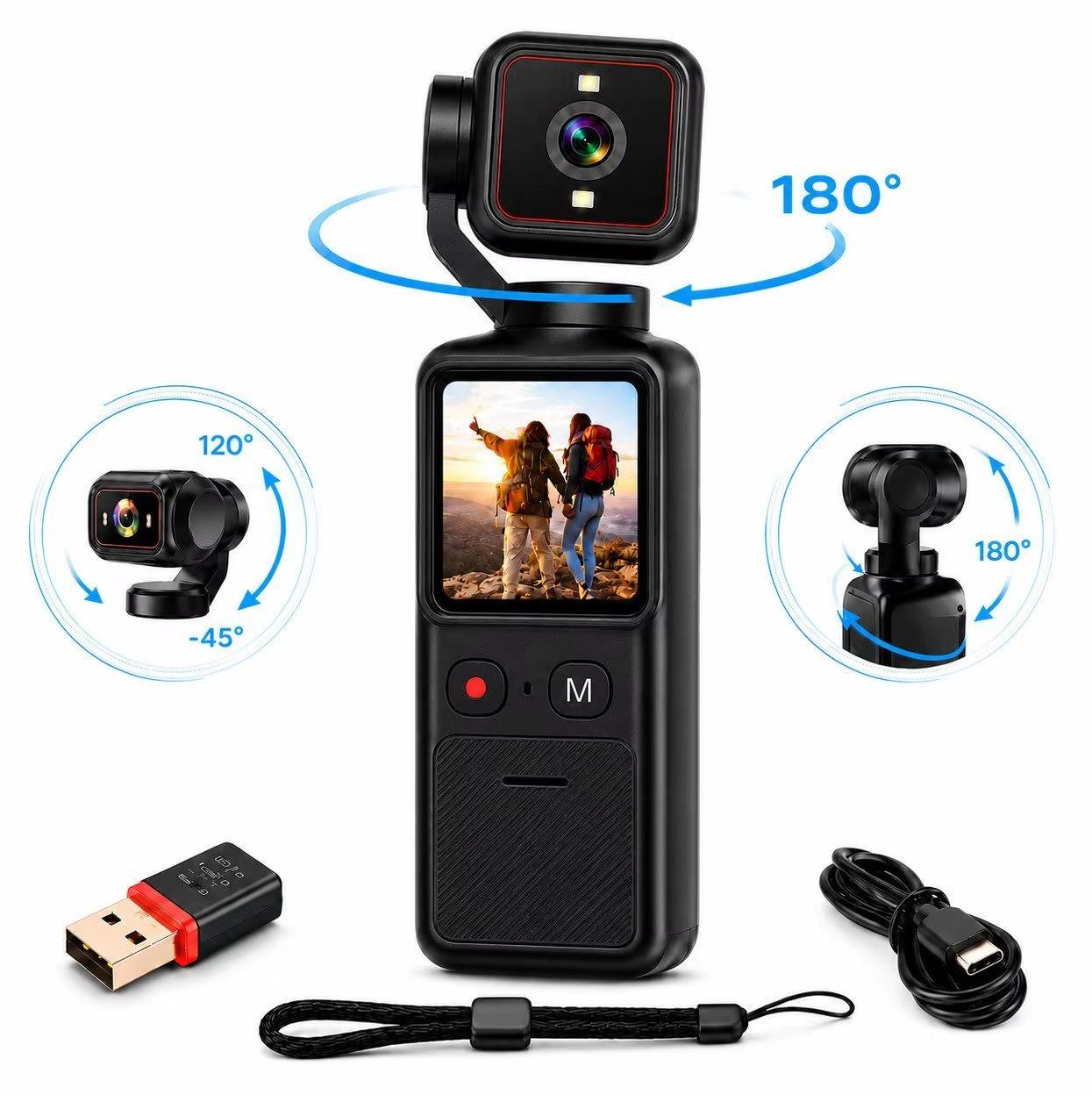 4K Actionkamera - 2-MP-Panoramakamera - 180° Drehbares Objektiv - 4,29 cm Touchscreen - Integrierter Gimbal - WLAN - 1-facher Optischer Zoom - Einzelobjektiv