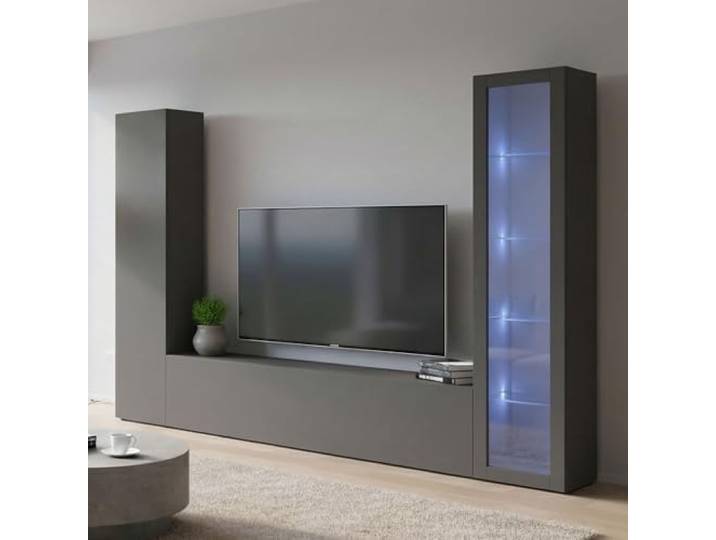 Dmora - Ausgestattete Wand Girolamo, 3-türiges TV-Ständer-Wohnzimmerset, Mehrzweck-Wohnzimmermöbel mit Vitrine und LED-Licht, 100% Made in Italy, 260 x 30 x 180 cm, Anthrazit,