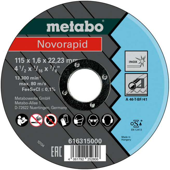 Meule de tronçonnage Metabo Novorapid 115 x 1,0 x 22,23 mm inox, modèle droit (616315000)