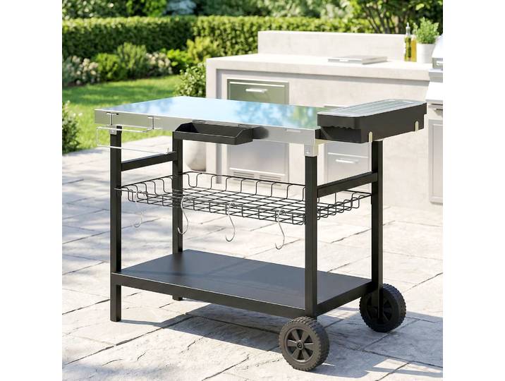 Outsunny Desserte Jardin 3 Niveaux Inox Roues 114x61x81cm Noir