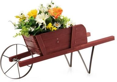 Costway Wooden Wagon Planter with 9 Magnetic Accessories for Garden Yard-Red