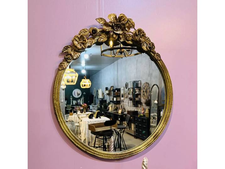 Miroir mural rond rétro en fer, décor de rose, vintage européen