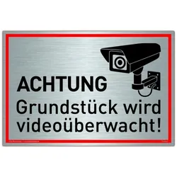 Schild Achtung Grundstück wird videoüberwacht! Silber | stabiles Alu Schild mit UV-Schutz 30 x 20 cm