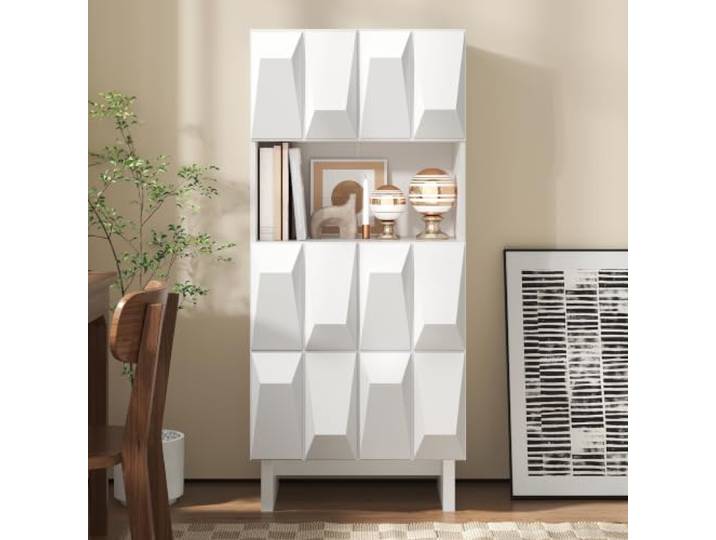 Merax Vitrine 60,5x34x135,5 cm mit 4 Türen, Relief, offenem Fach & verstellbarem Boden – Weiß