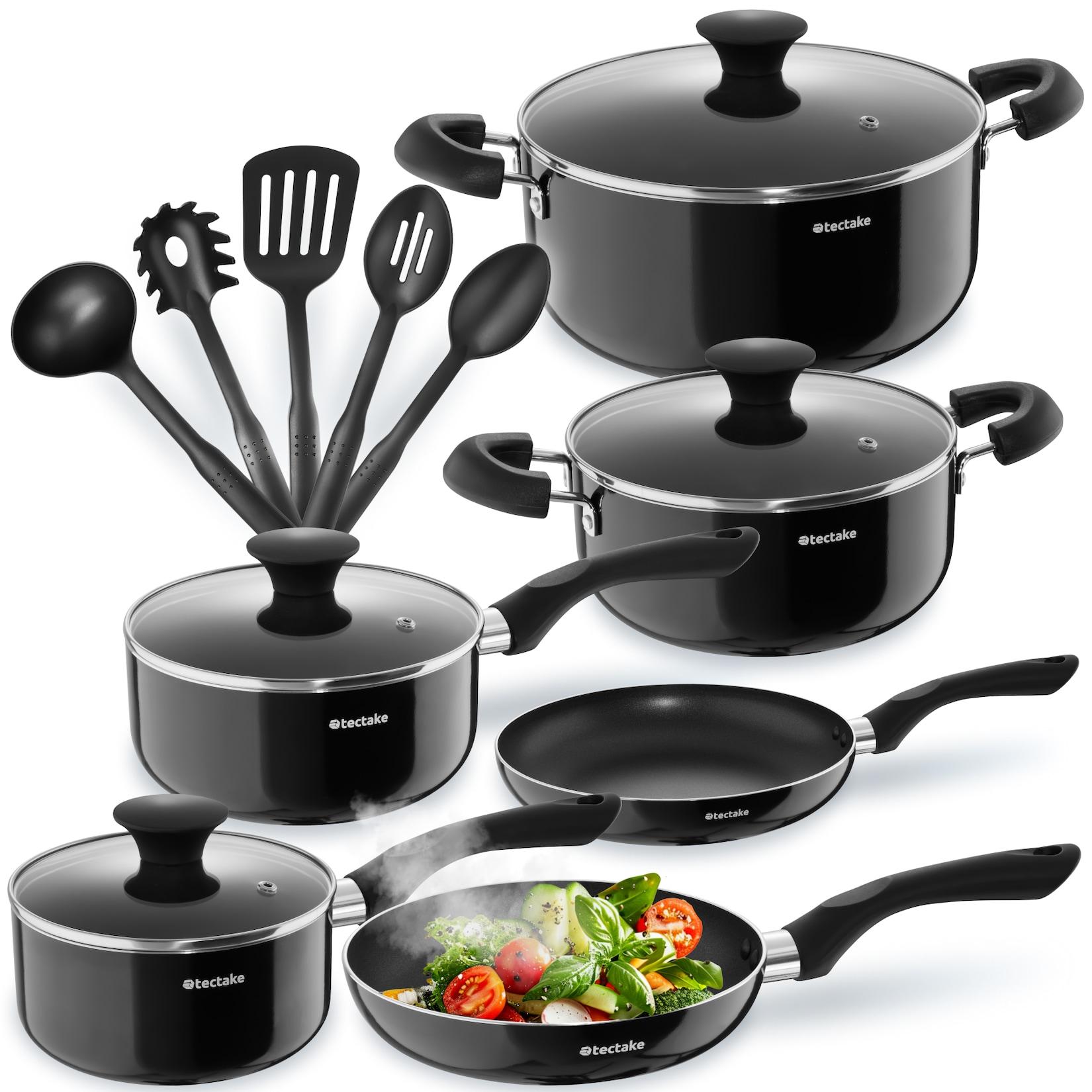 tectake® Aluminium Kochtopfset, 15-teilig, Glasdeckel mit Dampfabzug, 5 Küchenwerkzeuge