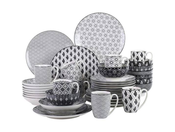 Kombiservice Haruka Porzellan 40-teiliges Set Schwarz + Creme, Mehrfarbig, Keramik, 20x2x26 cm, Geschirr, Geschirrsets, Kombiservice