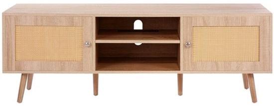 TV-Möbel im Boho-Stil, Rattanoptik - Für TVs bis 65 Zoll - Tragfähigkeit: 68 kg - Eichenholz - Mit Steckdose und USB-Anschlüssen