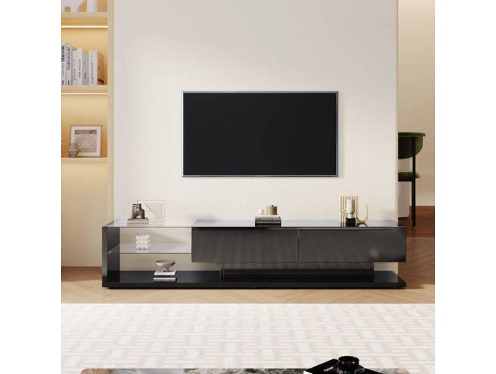 meuble télé noir 170x36x38 cm - étagères en verre - meuble télé bas - éclairage LED réglable - meuble salon.