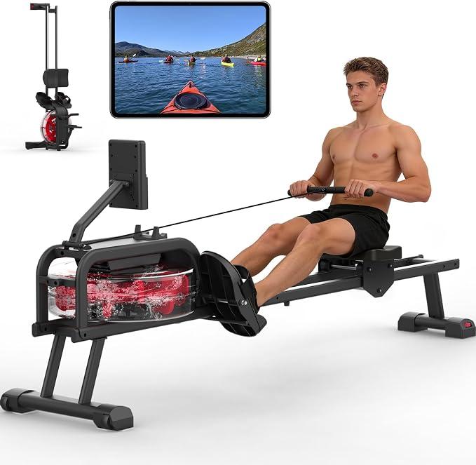 Rudergerät für zuhause, Rudergerät Wasser mit Professioneller Bluetooth-Monitor und Tablet-Halterung, Max 160kg Belastbar, Vertikale Lagerung, Transporträder für Einfache Bewegung