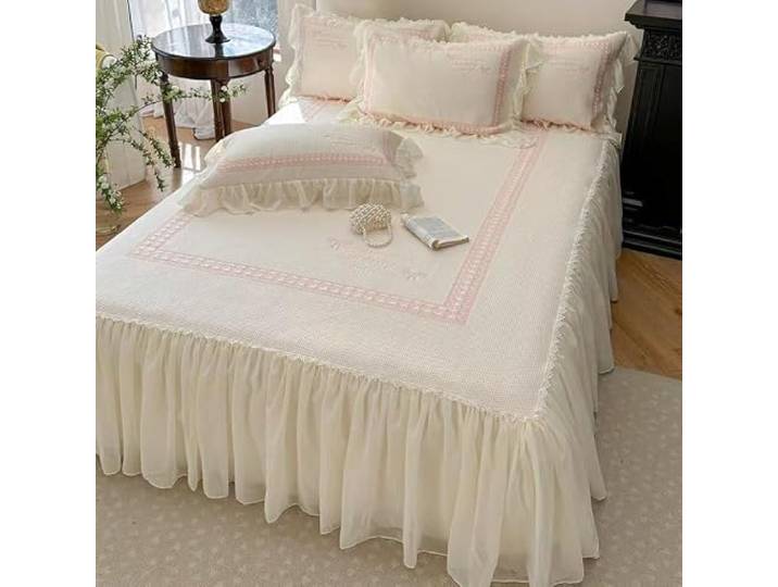 Bestickt Bed Skirt Betthusse Bettrock mit Rüschen Polyester Angenehm kühl rutschfest durch elastisches Band Maschinenwaschbar für 45cm Hohes Bett(C,150x200cm)
