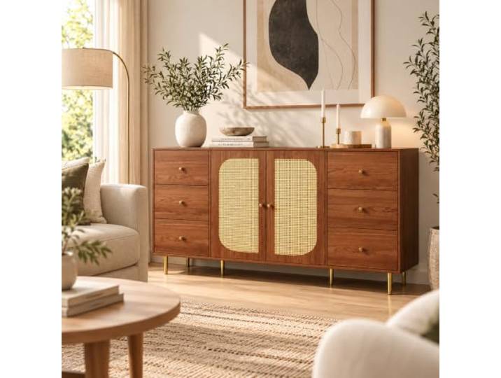 Sideboard Rattan, Kommode mit 6 Schubladen und 2 Türen, Holz Elegantes Rattan-Sideboard mit viel Stauraum für Wohnzimmer, Esszimmer, Flur und Schlafzimmer.