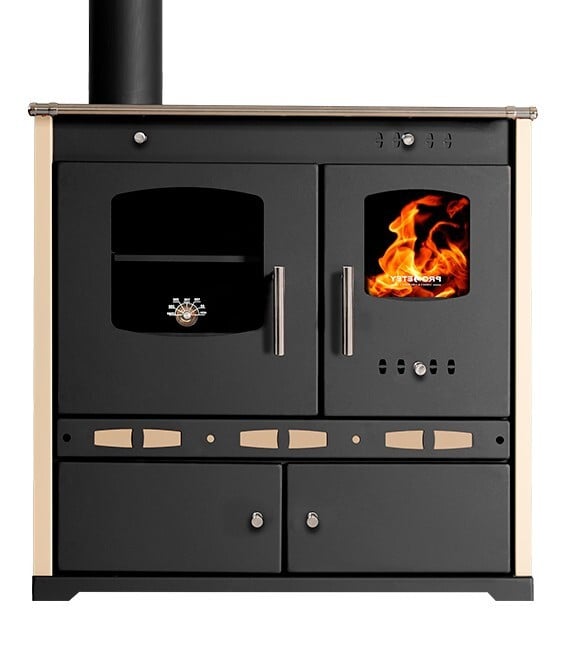Prometey Perfect Eco Lux Houtfornuis met oven, ivoor, rookafvoer links