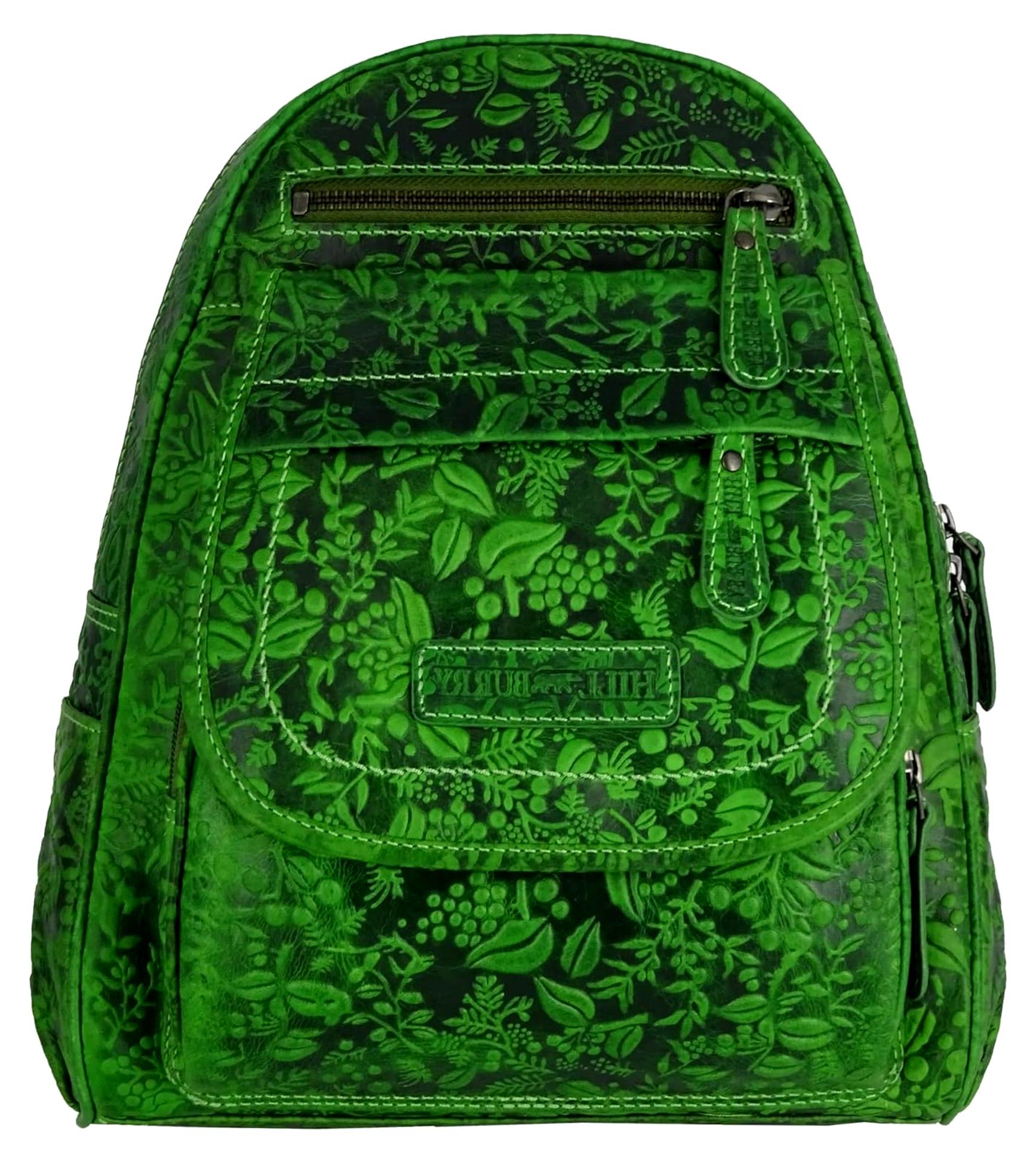 Damenrucksack aus echtem Leder | Eleganter Vintage Cityrucksack | Daypack mit Blumenmuster in Grün