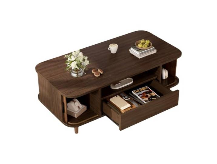 HOSAUNA Couchtisch mit Stauraum, 100x50x35cm Wohnzimmertisch mit 1 Schublade & 2 Rolladentüren, MDF Tisch mit Holzbeinen, Walnussfarbe