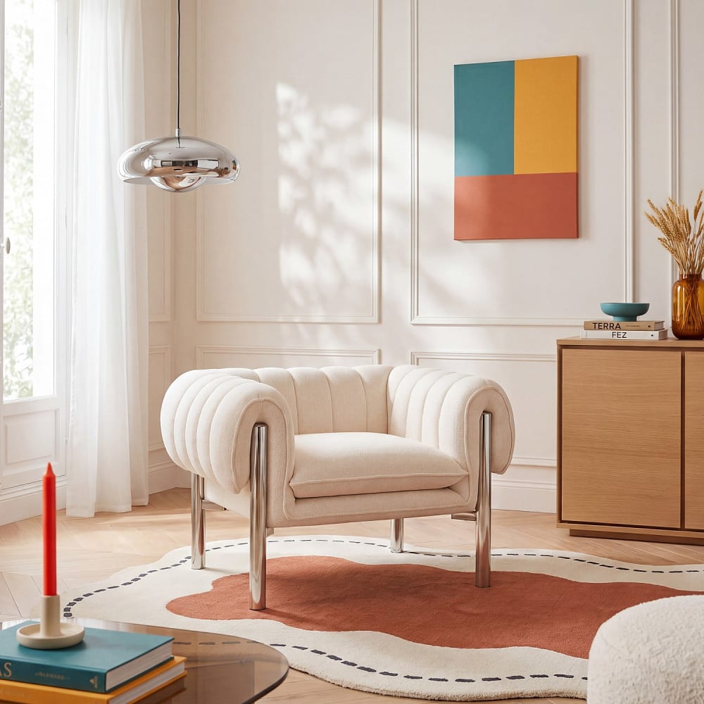Habitat Fauteuil en tissu chenille et métal chromé - ecru Beige 102x65x80cm