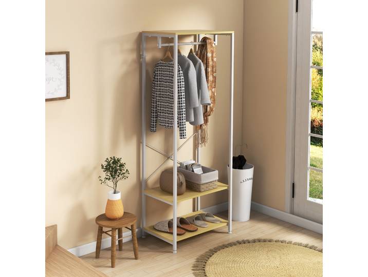 HOMCOM Porte-Manteaux avec tringle et 2 étagère à chaussures 60L x 40l x 167,5H cm Aspect bois naturel métal Blanc