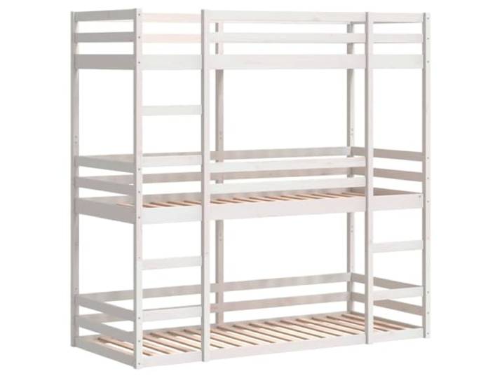 KTHLBRH Dreifach-Etagenbett, weiß, 90 x 190 cm, Kiefer-Massivholz Robust, Sicherheitsgitter, praktische Leiter, umrüstbar in Einzelbetten