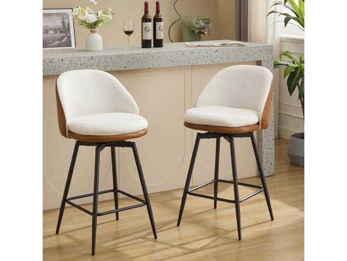 IDEALHOUSE 2er-Set drehbare Barhocker mit Rückenlehne – 66 cm hohe Polsterhocker aus Kunstleder & Leinen für Küchentheke & Home-Bar – Metallbeine – Braun/Cremeweiß