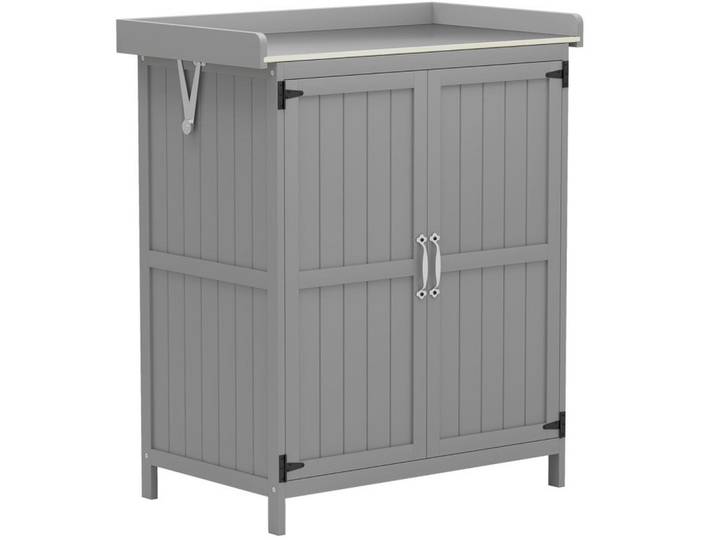 Modfu Gartenschrank aus Holz 74x43x88 cm in Grau mit Edelstahl-Arbeitsfläche, 43x88x74 cm, Gartenzubehör, Geräteschränke
