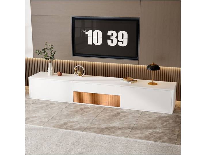 Meuble TV 180x34x30 cm avec tablette coulissante pour projecteur pose au sol ou murale panneaux particules blanc