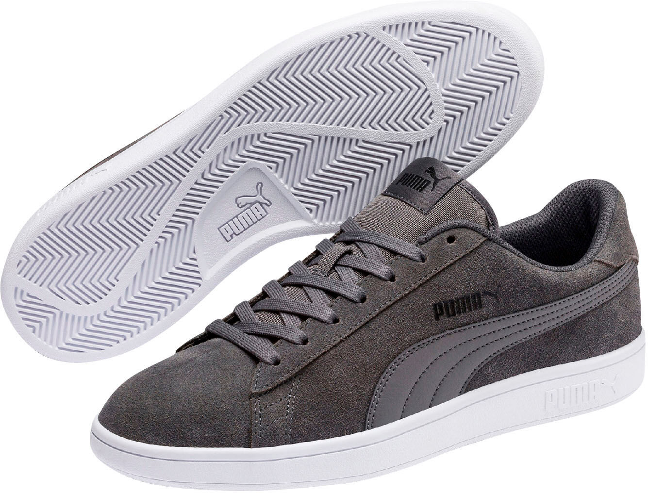 Sneaker PUMA "SMASH V2", Damen, Gr. 41, Textil, grau (castlerock, puma schwarz, puma weiß), Leder, glänzend, Schuhe Sneaker, für vielseitige Aktivitäten, atmungsaktiv, mit Schnürung castlerock, puma schwarz, puma weiß 41, Textil
