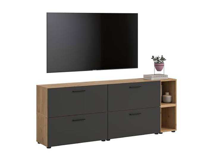 xonox.home – Wohnkombination The One 176x67x34 cm in Artisan Oak und Basalt – Wandelement mit 4 Klappen – 10 Fächer inklusive 2 offener Bereiche optimieren den Platz & bieten EIN modernes Design