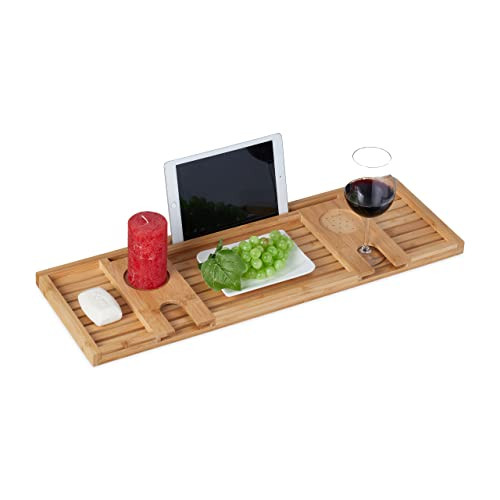Relaxdays Bamboe badplank met tablethouder, beige, Breedte: 73,5 cm