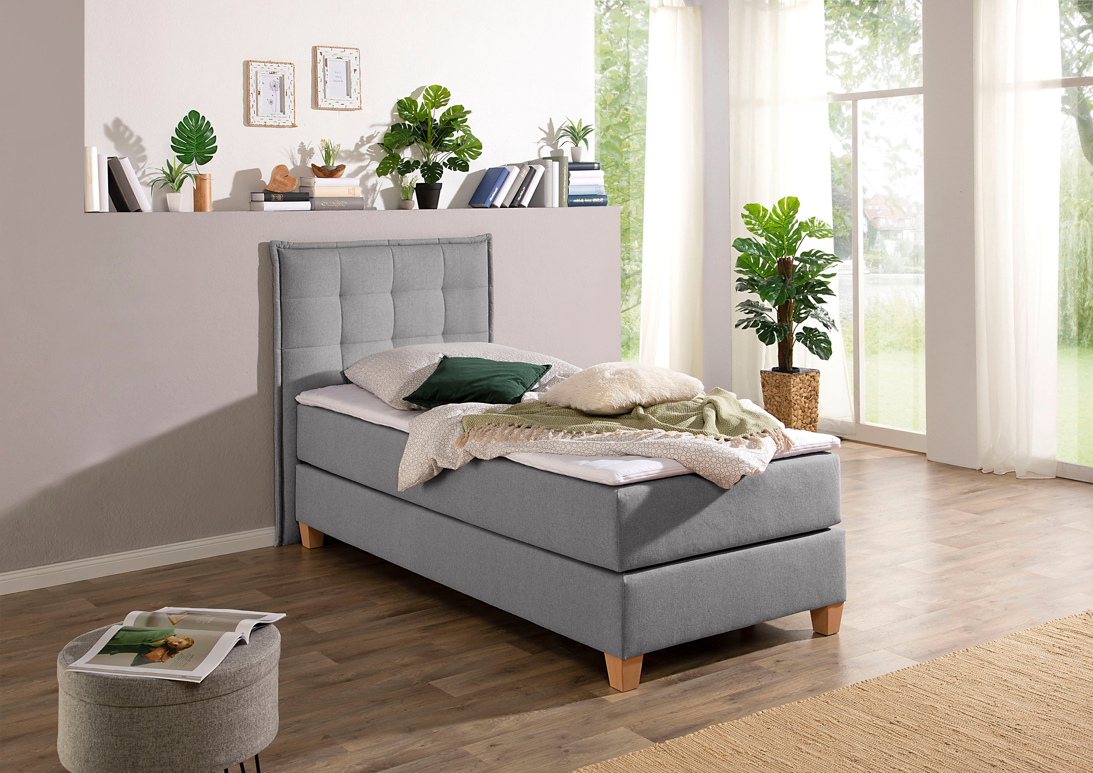 Boxspringbett HOME AFFAIRE, grau, B:110cm L:209cm, Komplettbetten, Boxspringbett, inklusive Komfortschaum-Topper